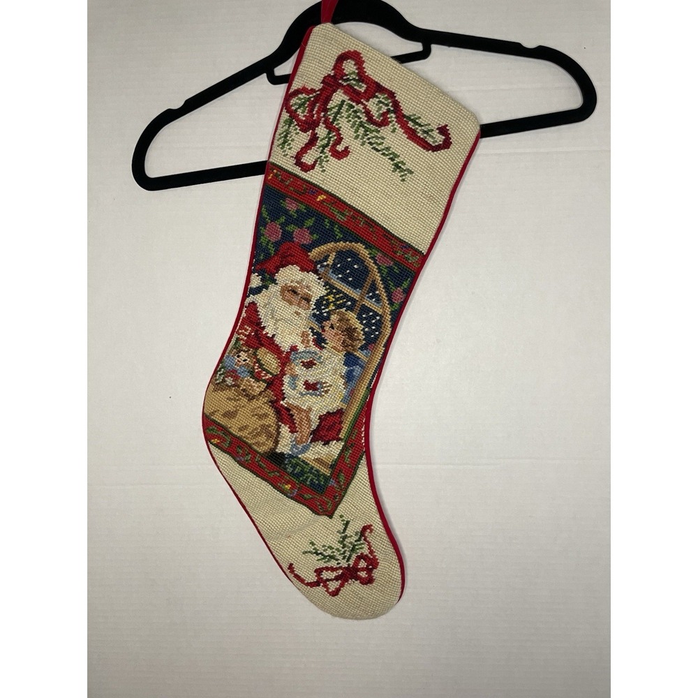 Holiday Christmas Wool Needlepoint Santa With Girl Red Bows Stocking